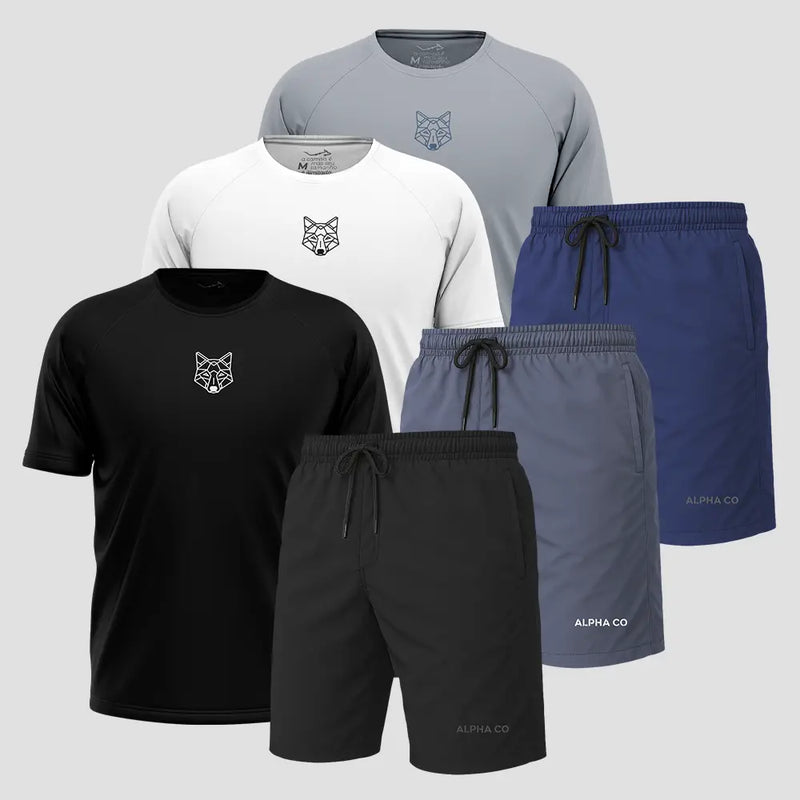 Kit 3 Camisetas Dry Fit Lobo + 3 Shorts Essential
