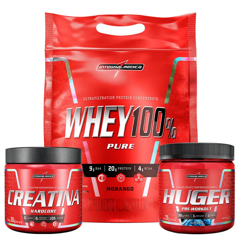 Pack Whey 100% 900g Pouch Morango + Creatina 100% Pura 300g + Huger 320g Bubble Gum