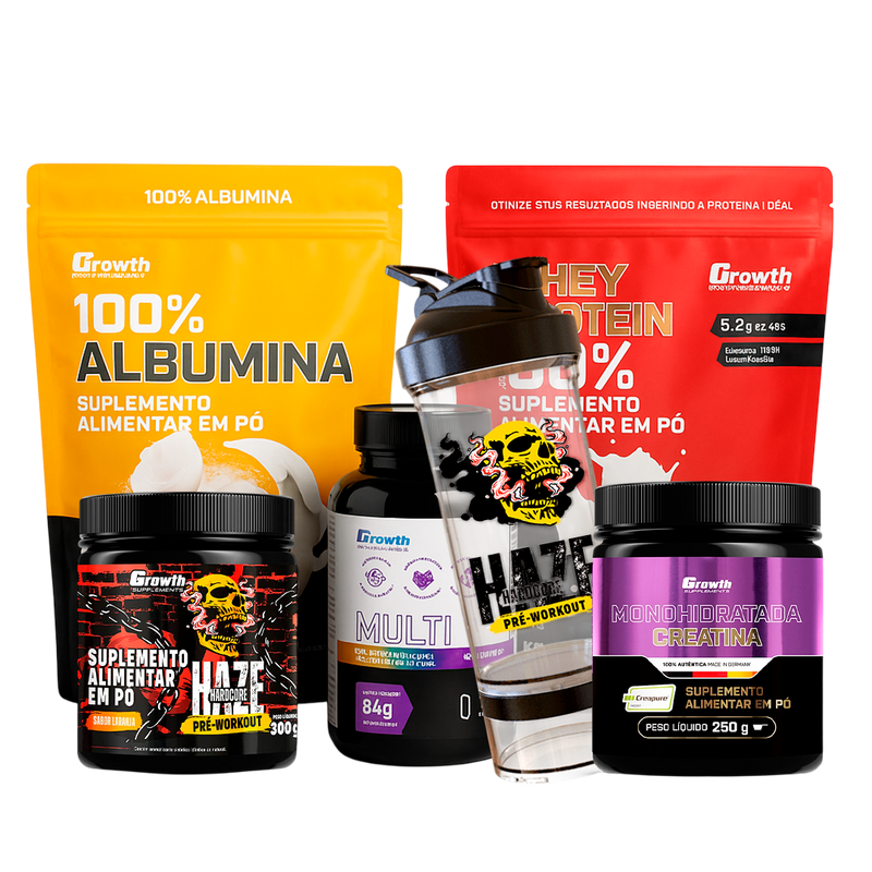 KIT COMPLETO DE SUPLEMENTOS - GROWTH (Albumina 1KG - Whey Protein 1KG - Pré-Workout 300G - Multi Vitaminas 120caps - Creatina 250G - Coqueteleira 1L)
